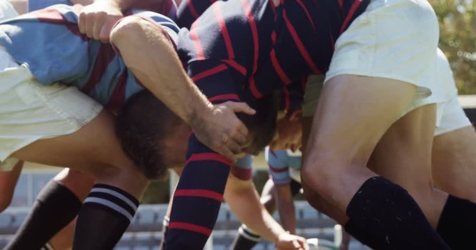 Rugby players in scrum position trying to defend ball  