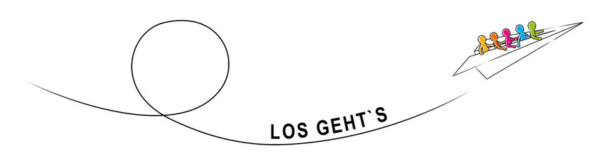 LOS GEHT’S! – Eine Gruppe Strichmännchen fliegt im Papierflieger aufwärts © snyGGG