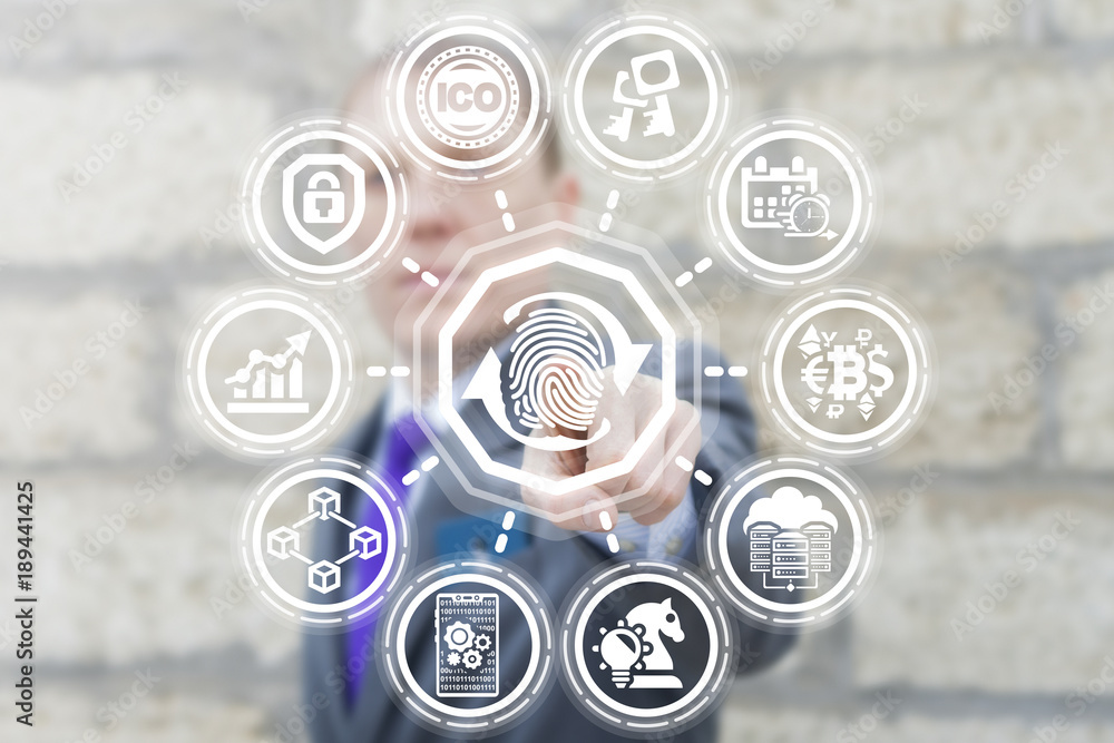 Poster businessman pressing fingerprint circullar arrows button on a virtual touchscreen. data access secur