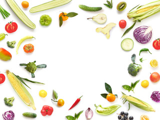 Various vegetables and fruits isolated on white background, top view, flat layout. Concept of healthy eating, food background. Frame of vegetables with space for text.	