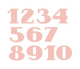 Numbers, knitted font, vector, pink. Figures with serifs. Vector font. Simulation of knitted pink fabric. Vector picture.  