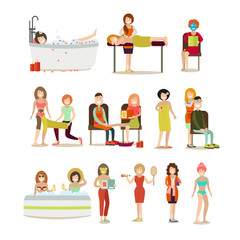 Group of people enjoying spa procedures vector flat icon set