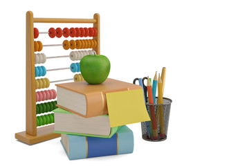 Wooden abacus and books isolated on white background 3D illustration.