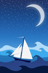 Boat at stormy sea waves, moon and stars