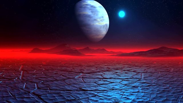 Ice Desert On The Alien Planet. On A Dark Starry Sky Huge Planet And Blue Sun. Under Them The Ocean Is Covered With Ice. The Mountainous Island And The Horizon Are Covered With Red Glowing Fog.