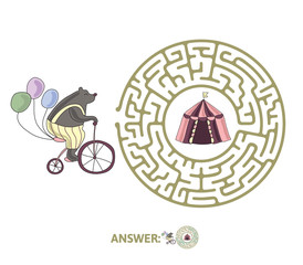 Children's maze with bear on a bike and circus tent. Cute puzzle game for kids, vector labyrinth illustration.