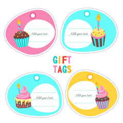 Tag with a picture of a cake with candle for birthday. A set of gift tags with place for text. Vector illustration. Isolated on a white background.
