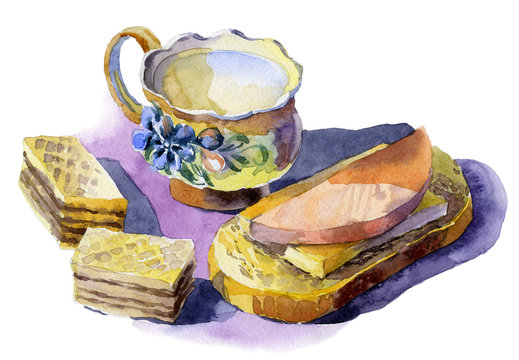 Mug with fresh milk, waffles, a sandwich with sausage and cheese. Watercolor. Illustration