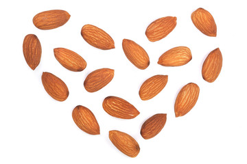 almonds in the shape of a heart isolated on white background. Top view. Flat lay pattern