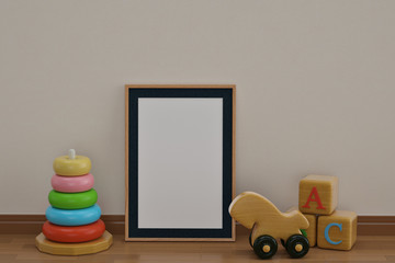 Baby toys and photo frame on wooden floor 3D illustration.