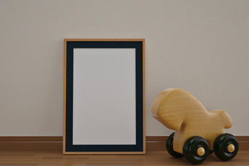 Photo frame and wooden horse on floor 3D illustration.