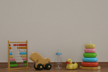Baby toys on wooden floor 3D illustration.
