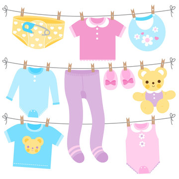 Baby clothes hanging on clothes line. Vector illustration