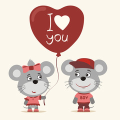 I love you! Funny mouse girl gives balloon heart for mouse boy. Greeting card for Valentine Day.