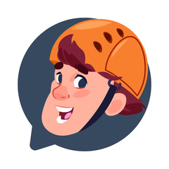 Profile Icon Male Head In Chat Bubble Isolated, Young Man In Hemlet Avatar Cartoon Character Portrait Flat Vector Illustration