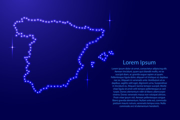Map Spain from luminous blue star space points on the contour for banner, poster, greeting card, of vector illustration.