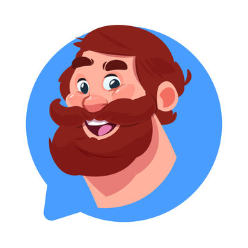 Profile Icon Male Head In Chat Bubble Isolated, Bearded Caucasian Man Avatar Cartoon Character Portrait Flat Vector Illustration