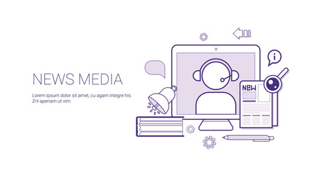 News Media And Press Concept Banner With Copy Space Thin Line Vector Illustration