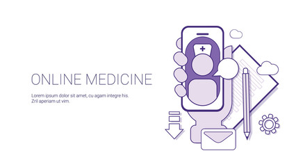 Online Medicine Medical Application Doctor Consultation Technology Concept Banner With Copy Space Thin Line Vector Illustration