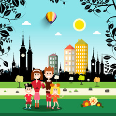 Family in City Park. Abstract Vector Town on Background.
