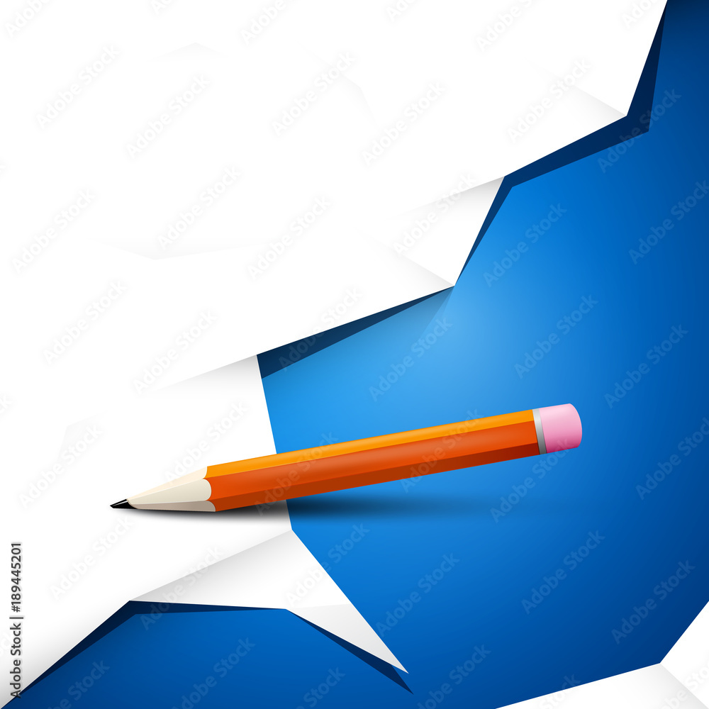 Poster empty white crumpled paper on blue background with pencil. vector backdrop design.