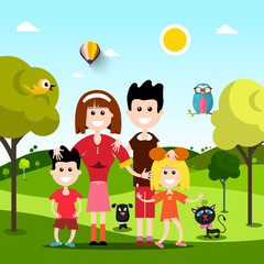 Happy Family on Field with Pets Animals. Vector Flat Design Landscape.