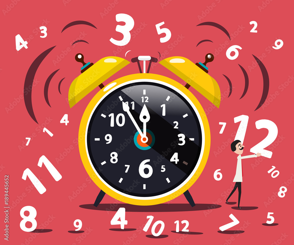 Poster alarm clock with numbers and man. vector flat design illustration.