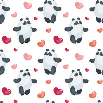 Seamless pattern with the image of cute pandas and hearts. Colorful vector background.