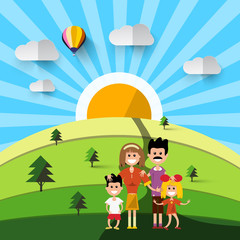 Family on Field. Natural Vector Landscape.