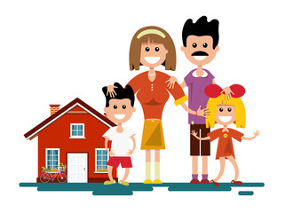 Family with House. Vector Isolated Illustration.