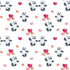 Seamless pattern with the image of cute pandas and hearts. Colorful vector background.