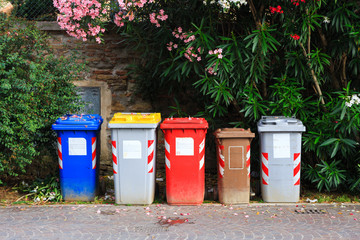 Large colorful garbage bins (trash cans) dedicated for separate collection of rubbish. Containers are arranged against a background of beautiful flowering trees, the concept of a clean environment.