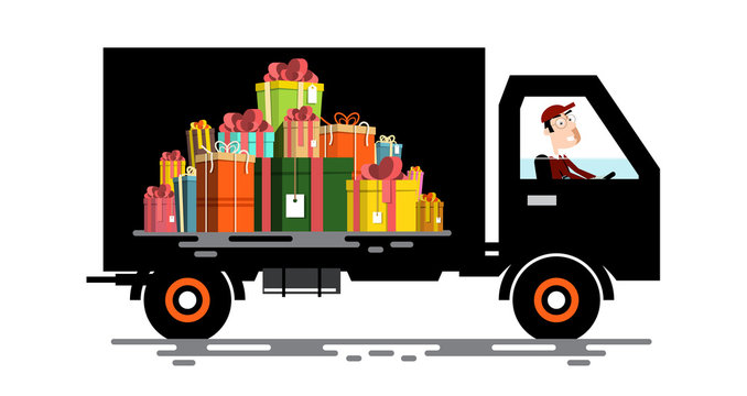 Car with Driver and Gift Boxes Pile. Vector Cargo Vehicle.