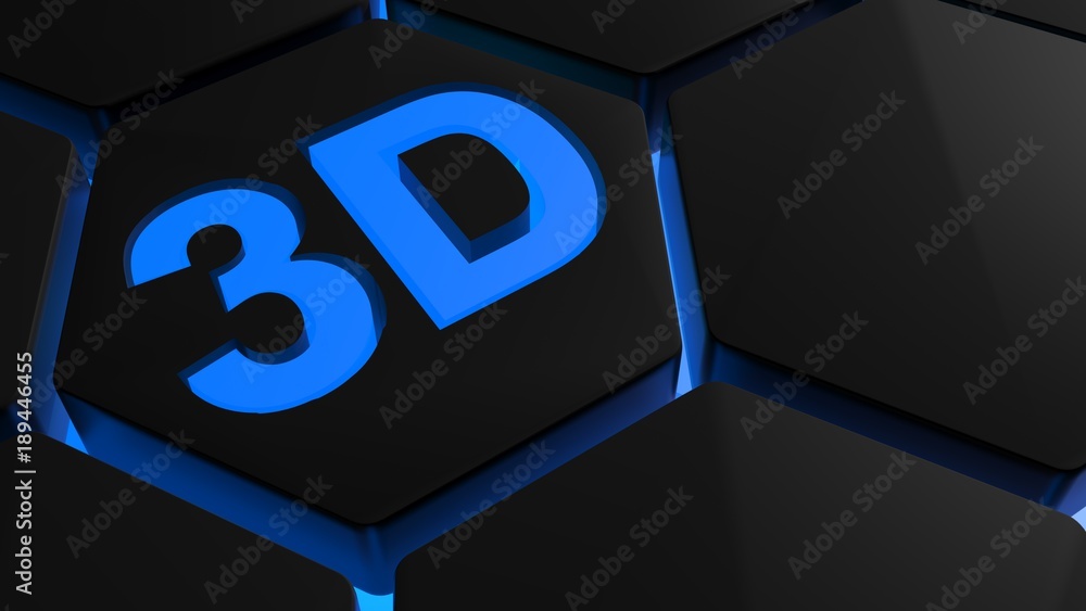 Aufkleber 3d in blue light on backlighted hexagons - 3d rendering