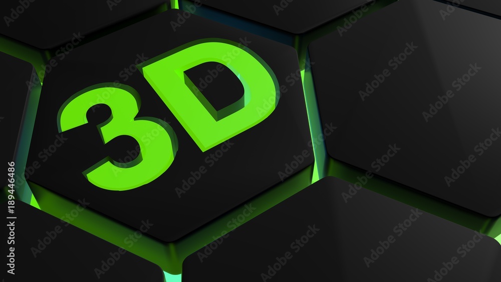 Aufkleber 3d in green light on backlighted hexagons - 3d rendering