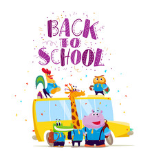 Fototapeta na wymiar Vector flat collection of happy animal student standing at school bus. Back to school illustration isolated on white background. Cartoon style, lettering. Good for sticker, banner, packaging design