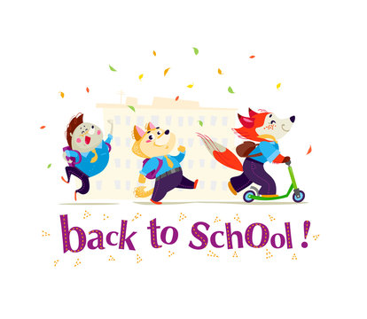 Vector flat collection of happy animal student walking at school building. Back to school illustration isolated on white background. Cartoon style, lettering. Good for sticker, banner, package design