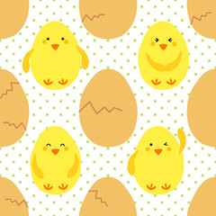 Cute childish hand drawn Easter seamless pattern with yellow little chickens emoji and eggs on polka dots background