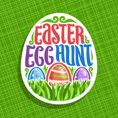 Fototapeta premium Vector logo for Easter holiday, original handwritten brush typeface for title text easter egg hunt, 3 colorful painted eggs on spring green grass, label for kids easter holiday on abstract background.