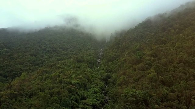 Drone Flies along Mountain Gorge with River among Jungle