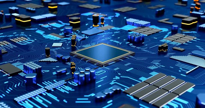 Seamless Loop CPU on Motherboard - abstract 3D render of a compuiter processor chip on a circuit board with flowing digital data streams