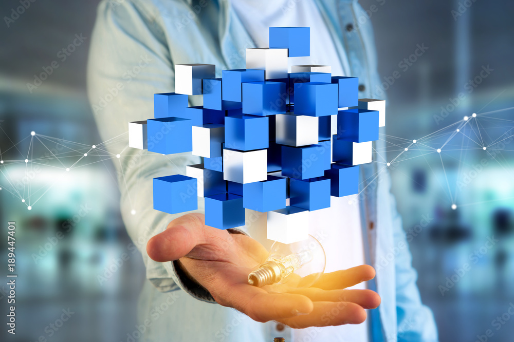 Poster 3d rendering blue and white cube on a futuristic interface