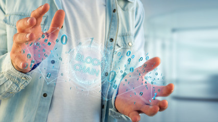 Blockchain title with 0 and 1 data flying over