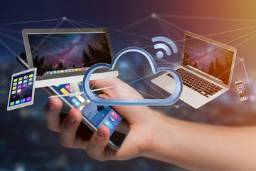 Devices like smartphone, tablet or computer flying over connected cloud - 3d render