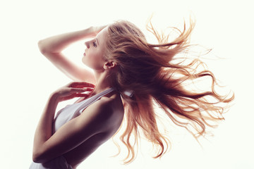 Fototapeta premium Portrait of young beautiful girl with blonde hair. Fashion photo. Hairstyle. Vogue Style