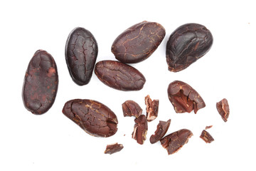 cocoa bean isolated on white background top view. Flat lay