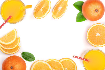 orange juice glass with slices of citrus and leaves isolated on white background with copy space for your text, top view