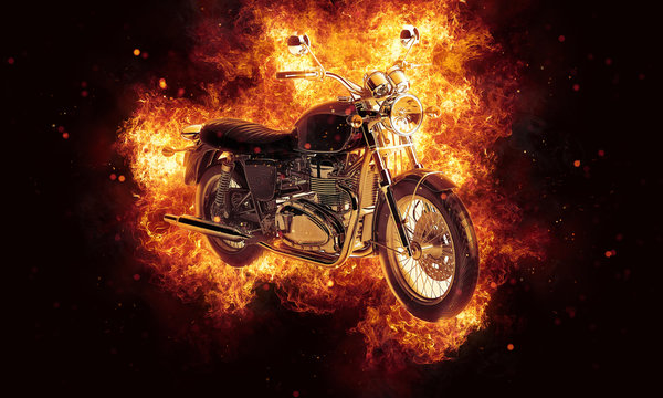 Flaming burning motorcycle with exploding sparks