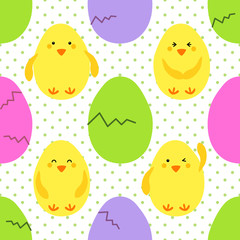 Cute childish hand drawn Easter seamless pattern with yellow little chickens emoji and eggs on polka dots background
