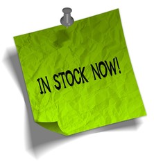 Green note paper with IN STOCK NOW   message and push pin illustration.